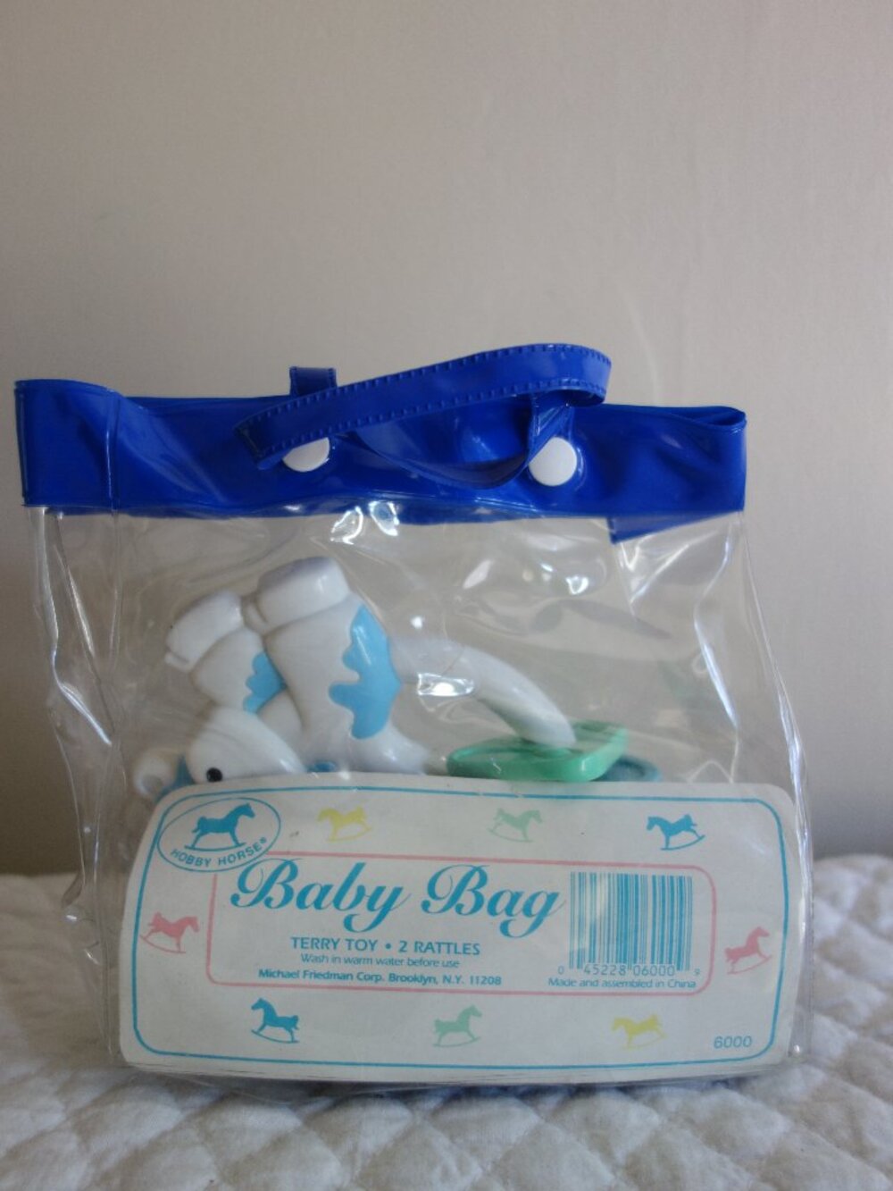Vntg – HOBBY HORSE Two baby Rattles in Plastic Carrying Snap Closure Tote